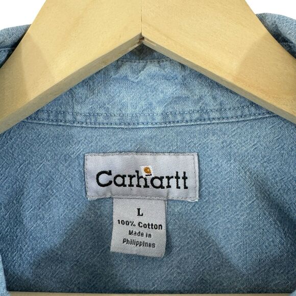 Carhartt Large Denim Button Up Long Sleeve Shirt Cotton Blue Mens - Picture 3 of 16